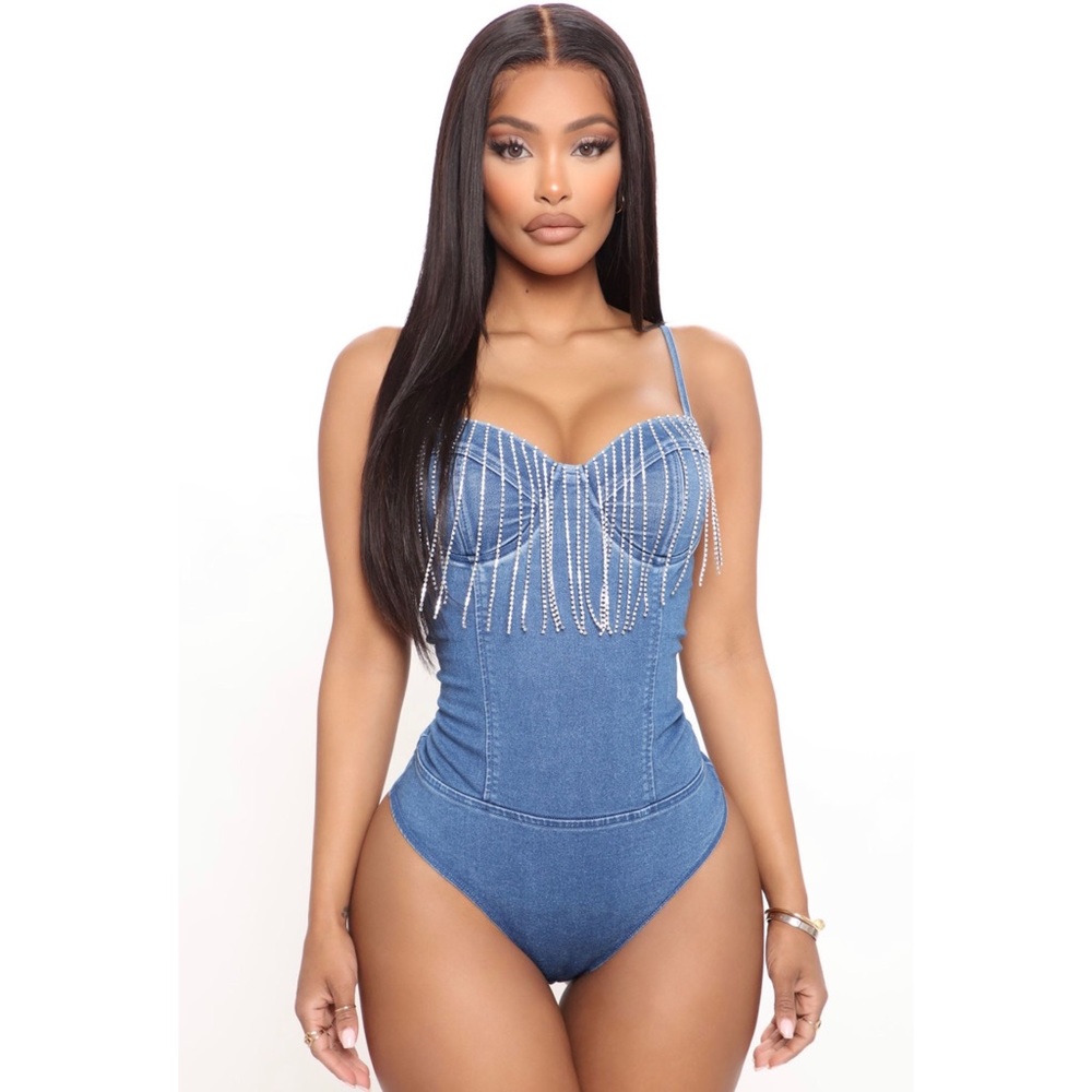 Fashion Nova denim fringe bodysuit top. Brand new , never worn. Size: Medium